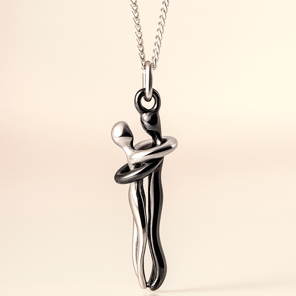 Silver necklace with a unique pendant on a beige background