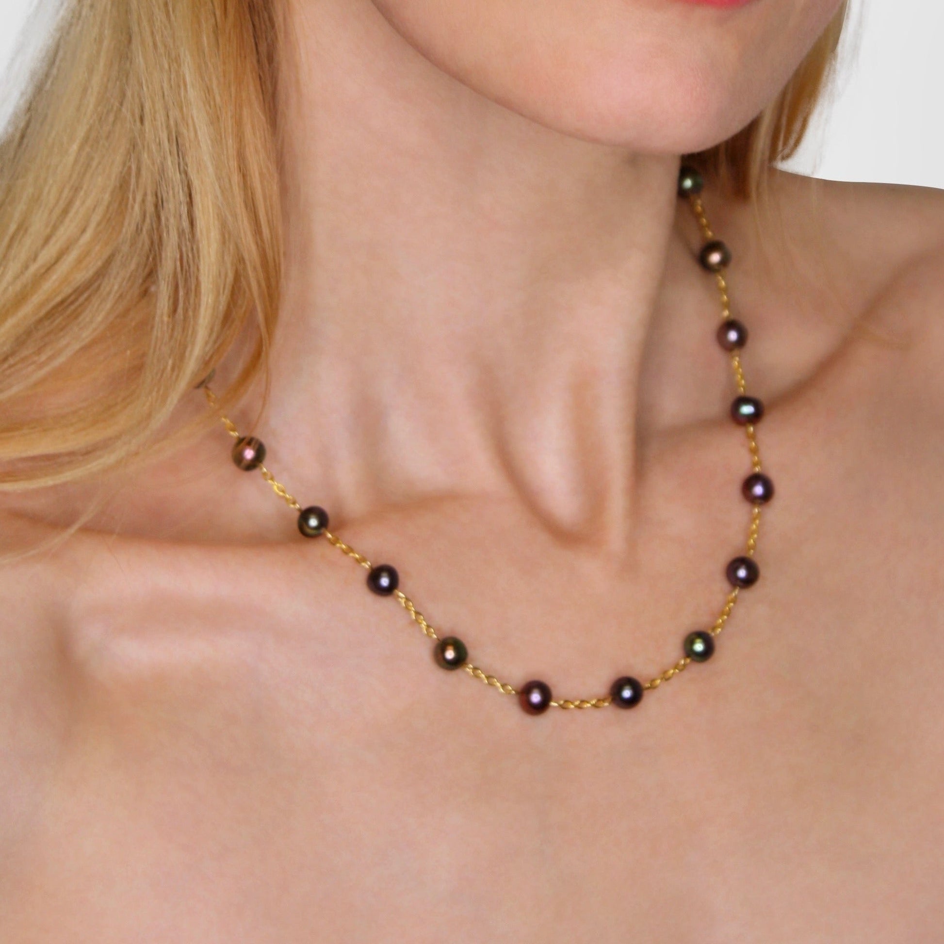 Black Pearl Gold Chain Necklace - Faie Jewels